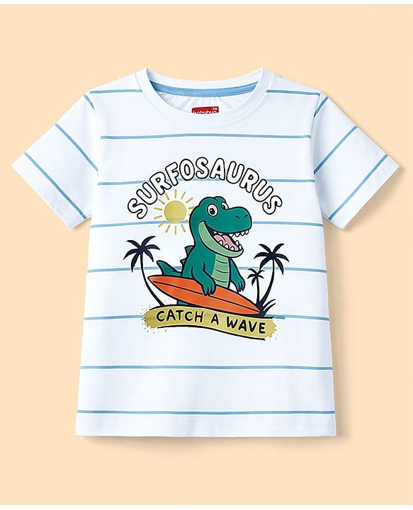 Babyhug Cotton Knit Half Sleeves Striped T-Shirt With Dino Print - Multicolor