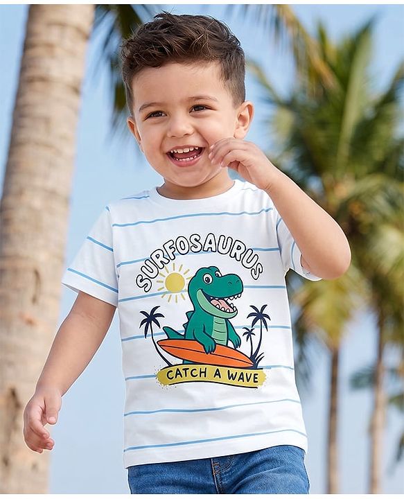 Babyhug Cotton Knit Half Sleeves Striped T-Shirt With Dino Print - Multicolor