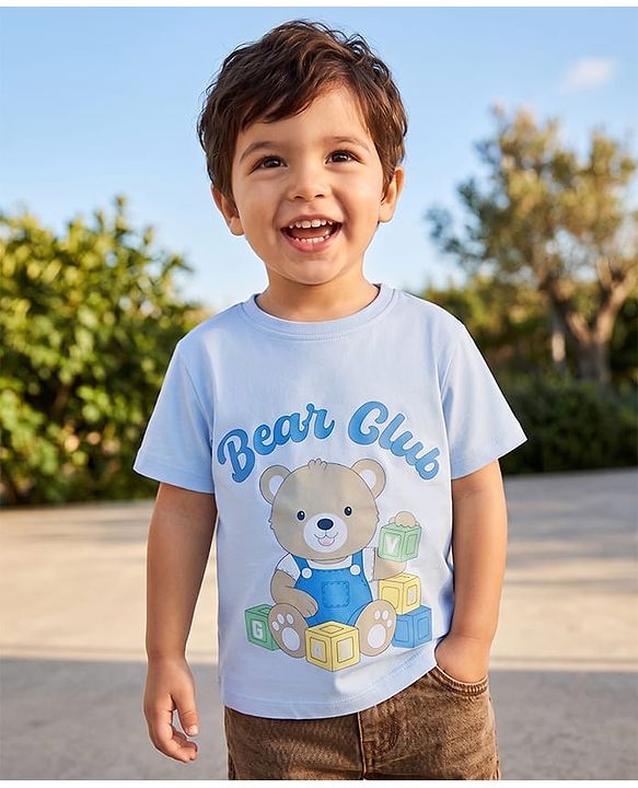 Babyhug 100% Cotton Knit T-Shirt with Bear Graphics Multi Color 6-9 Months