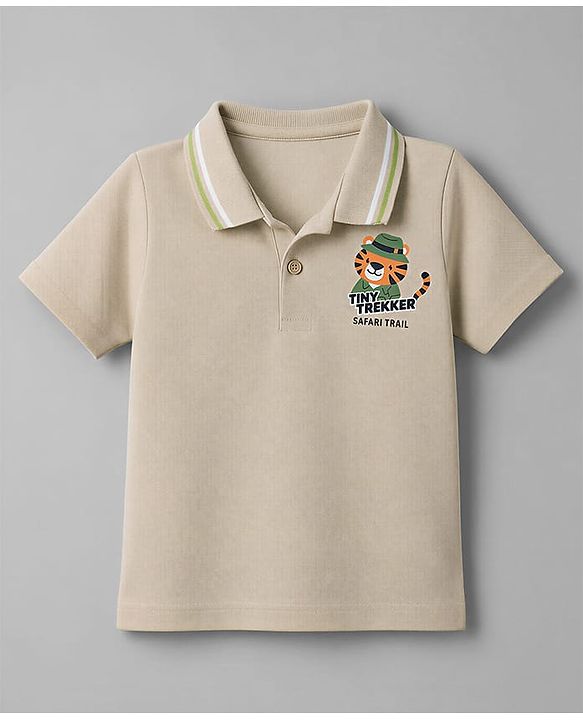 Babyhug Cotton Knit Half Sleeves Polo T-Shirt with Tiger & Tiny Trekker Safari Trail Print - Beige