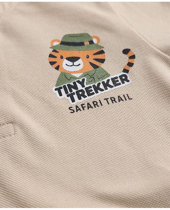 Babyhug Cotton Knit Half Sleeves Polo T-Shirt with Tiger & Tiny Trekker Safari Trail Print - Beige