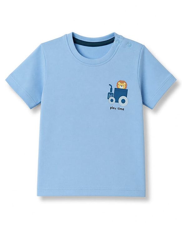 Babyhug Cotton Knit Half Sleeves T-Shirt with Lion & Tractor Print - Sky Blue
