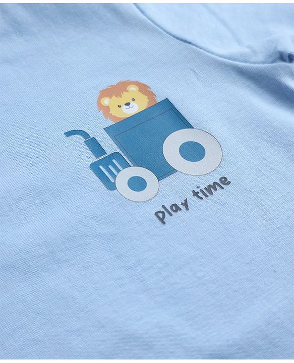 Babyhug Cotton Knit Half Sleeves T-Shirt with Lion & Tractor Print - Sky Blue