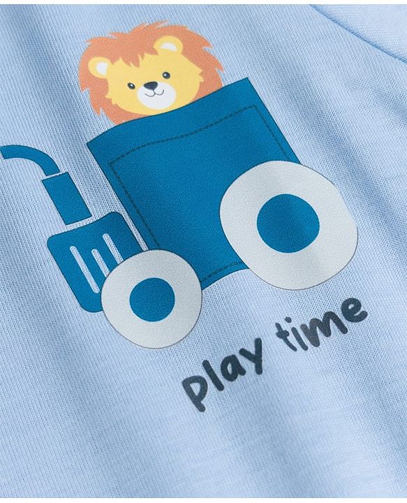 Babyhug Cotton Knit Half Sleeves T-Shirt with Lion & Tractor Print - Sky Blue