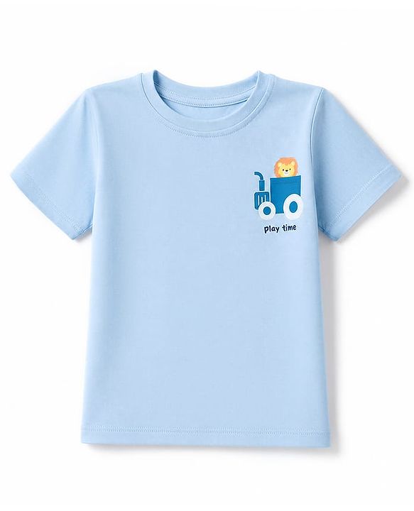Babyhug Cotton Knit Half Sleeves T-Shirt with Lion & Tractor Print - Sky Blue