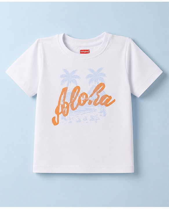 Babyhug 100% Cotton Knit Half Sleeves T-Shirts with Beach Theme Print - White