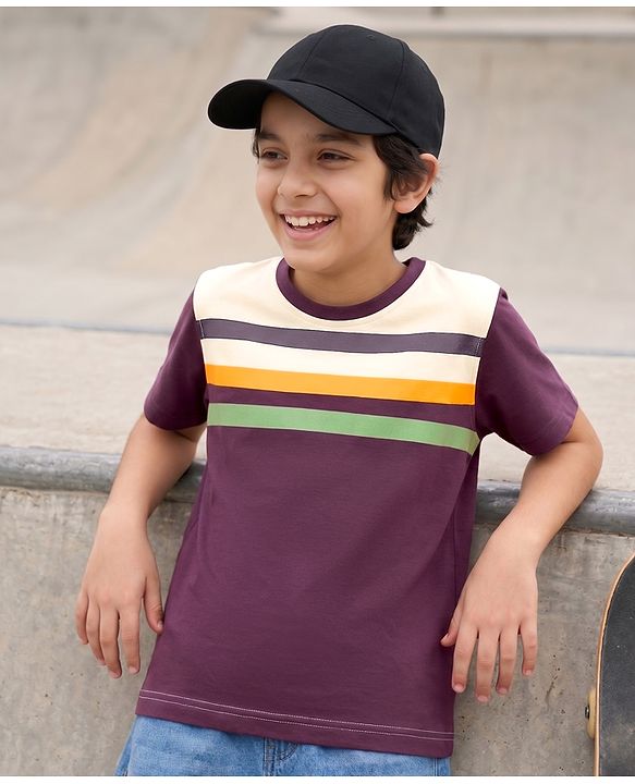 Pine Kids Cotton Knit T-Shirts Half Sleeves Round Neck Striped Multi Color 4-5 Years