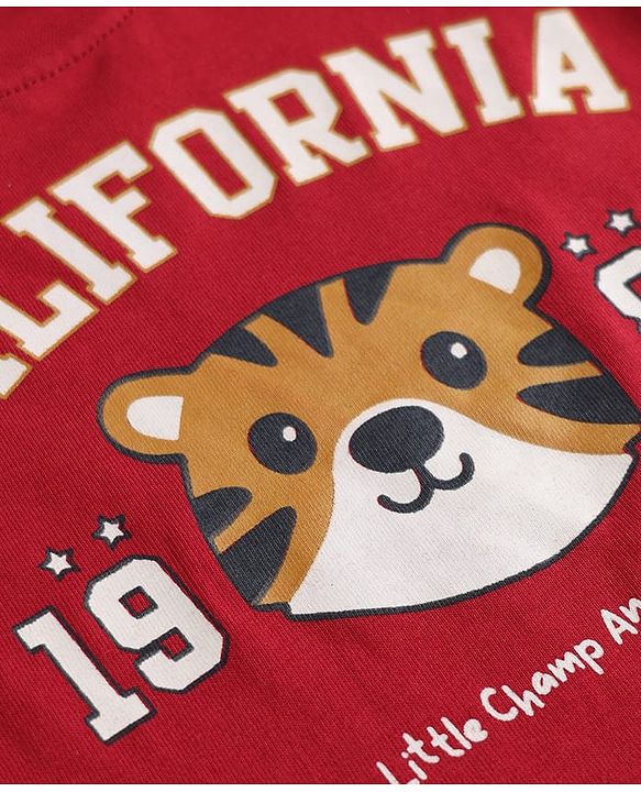 Babyhug 100% Cotton Knit Half Sleeves Tiger & Text Printed T-Shirt - Red