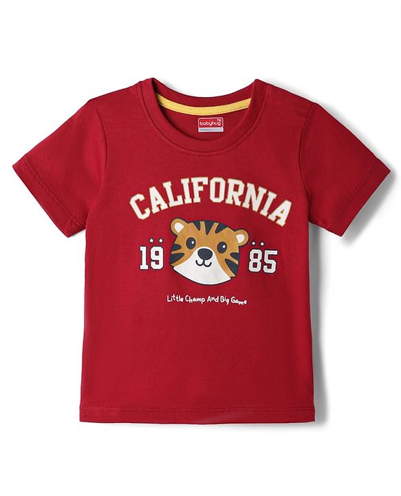 Babyhug 100% Cotton Knit Half Sleeves Tiger & Text Printed T-Shirt - Red