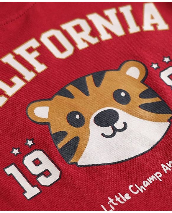 Babyhug 100% Cotton Knit Half Sleeves Tiger & Text Printed T-Shirt - Red
