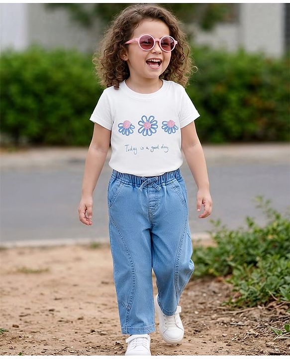 Babyhug Single Jersey Knit Half Sleeves Top & Denim Jeans Set with Floral Embroidery - White & Blue