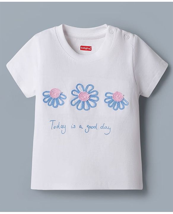 Babyhug Single Jersey Knit Half Sleeves Top & Denim Jeans Set with Floral Embroidery - White & Blue