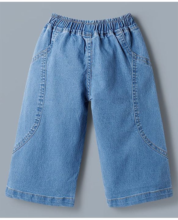 Babyhug Single Jersey Knit Half Sleeves Top & Denim Jeans Set with Floral Embroidery - White & Blue