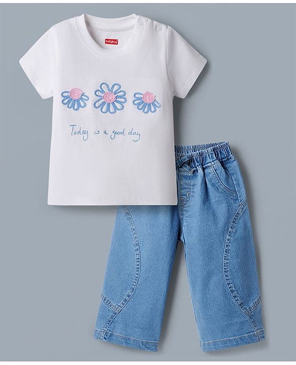Babyhug Single Jersey Knit Half Sleeves Top & Denim Jeans Set with Floral Embroidery - White & Blue