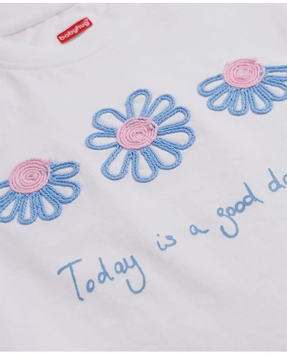 Babyhug Single Jersey Knit Half Sleeves Top & Denim Jeans Set with Floral Embroidery - White & Blue
