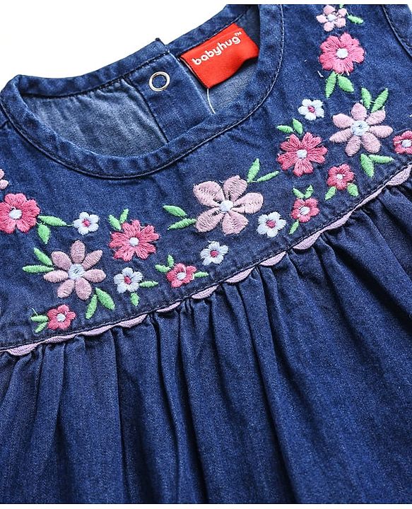 Babyhug Denim Sleeveless Floral Embroidered Top & Shorts Set - Navy Blue