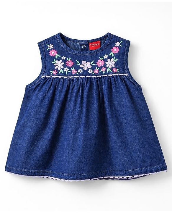 Babyhug Denim Sleeveless Floral Embroidered Top & Shorts Set - Navy Blue
