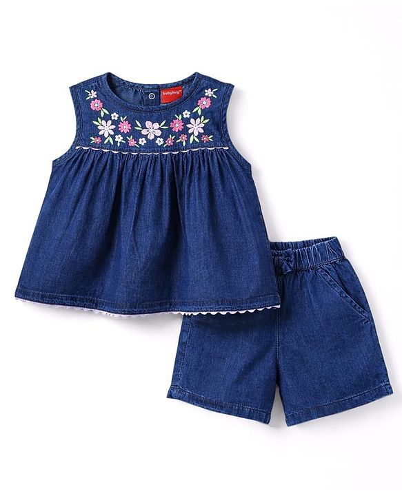 Babyhug Denim Sleeveless Floral Embroidered Top & Shorts Set - Navy Blue