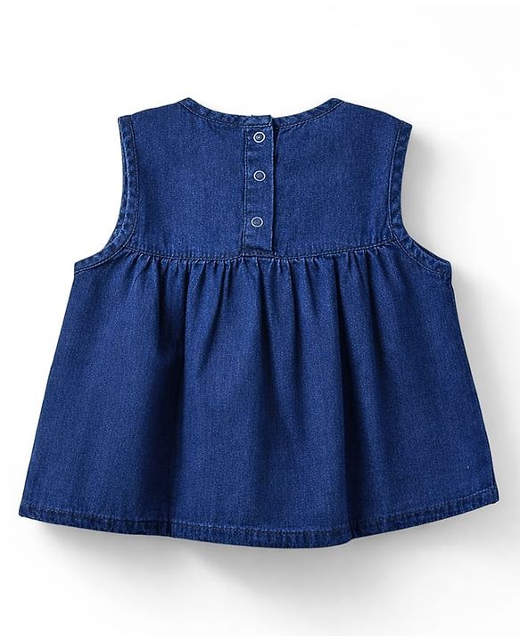 Babyhug Denim Sleeveless Floral Embroidered Top & Shorts Set - Navy Blue