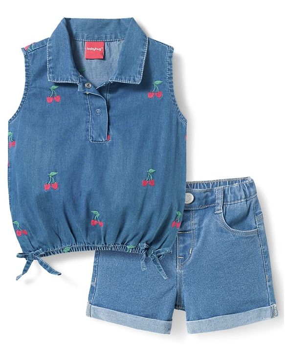Babyhug Sleeveless Top & Shorts Set With Cherry Embroidery - Blue
