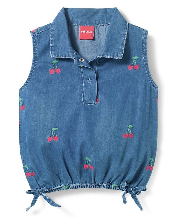 Babyhug Sleeveless Top & Shorts Set With Cherry Embroidery - Blue
