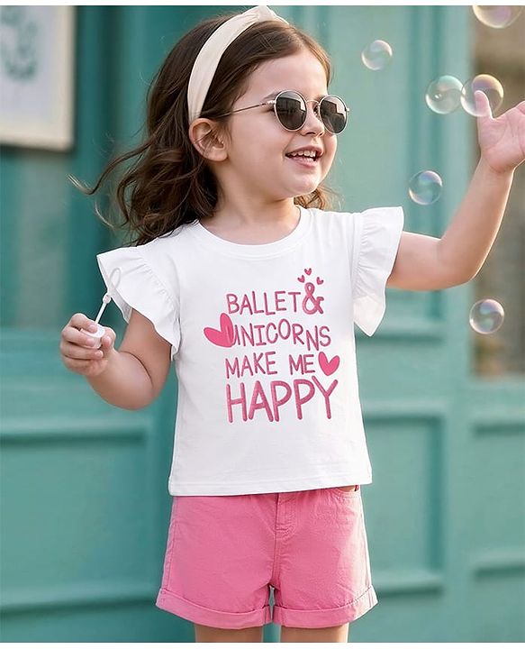 Babyhug Single Jersey Knit Half Sleeves Top & Shorts Set With Text Print - White & Pink