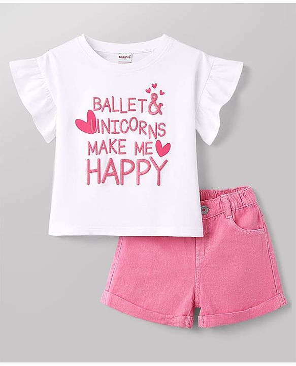 Babyhug Single Jersey Knit Half Sleeves Top & Shorts Set With Text Print - White & Pink