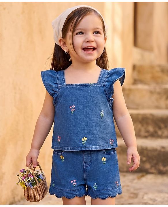 Babyhug Denim Sleeveless Floral Embroidered Top & Skirts Set - Blue