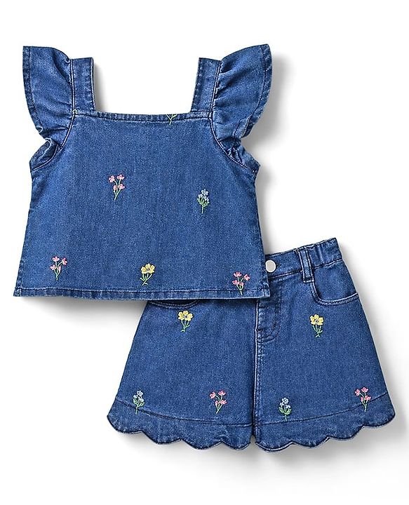 Babyhug Denim Sleeveless Floral Embroidered Top & Skirts Set - Blue