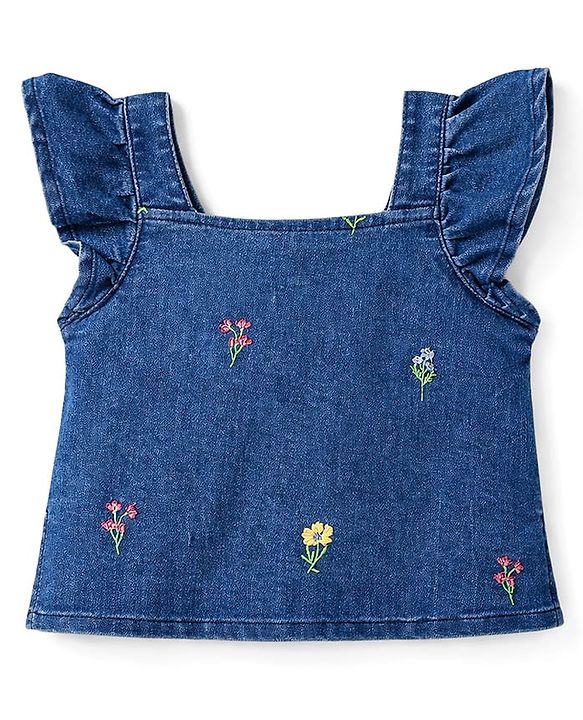 Babyhug Denim Sleeveless Floral Embroidered Top & Skirts Set - Blue