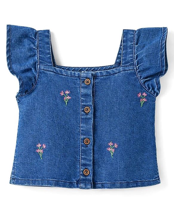 Babyhug Denim Sleeveless Floral Embroidered Top & Skirts Set - Blue