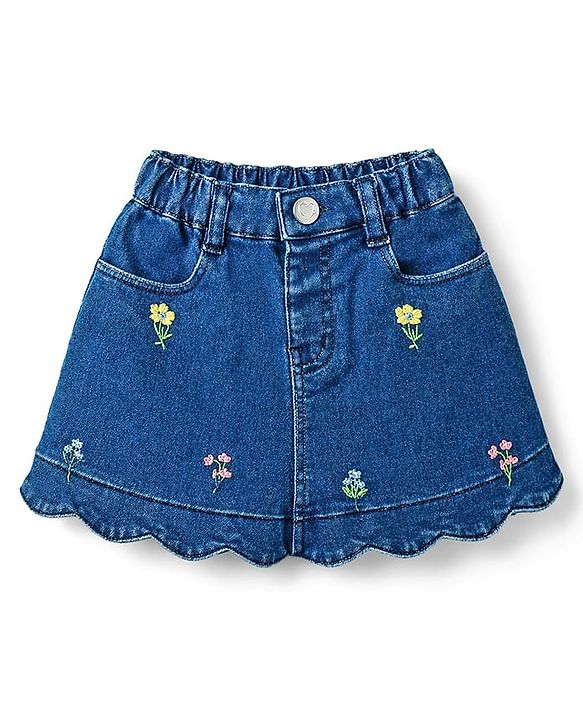 Babyhug Denim Sleeveless Floral Embroidered Top & Skirts Set - Blue