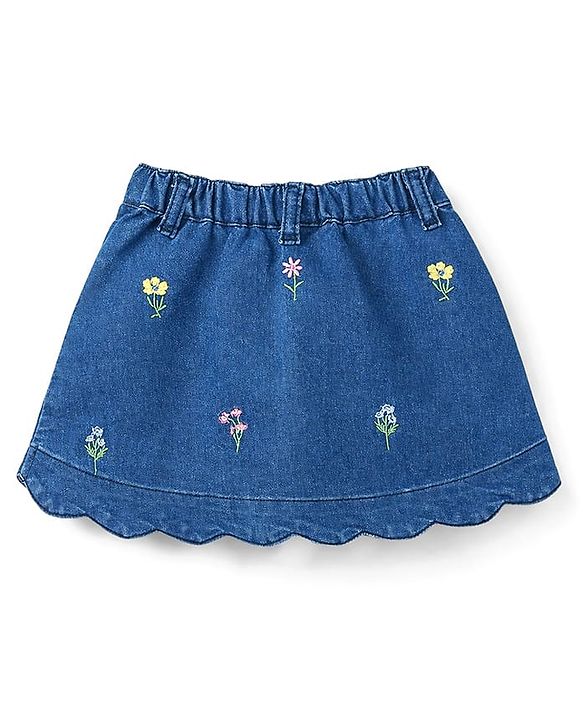 Babyhug Denim Sleeveless Floral Embroidered Top & Skirts Set - Blue