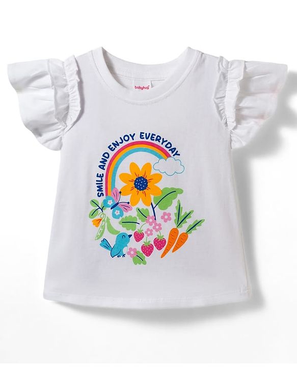 Babyhug Single Jersey Knit Half Sleeves Floral Printed T-Shirt & Skirt Set - White & Blue