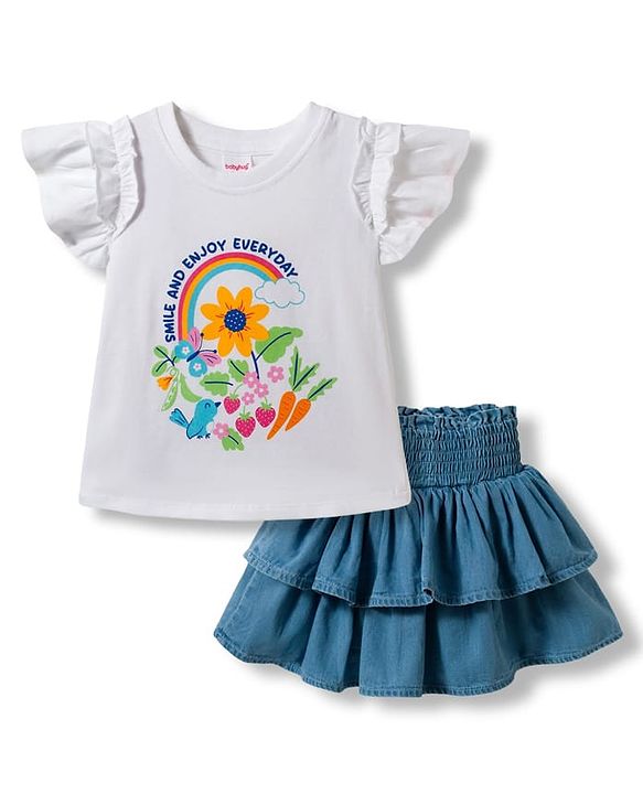 Babyhug Single Jersey Knit Half Sleeves Floral Printed T-Shirt & Skirt Set - White & Blue
