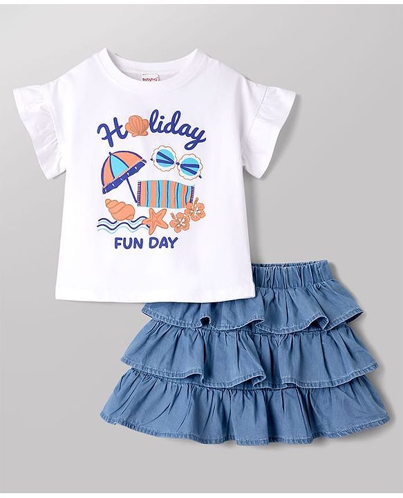 Babyhug Single Jersey Knit Half Sleeves Beach Theme Printed T-Shirt & Denim Skirts Set - White & Light Blue