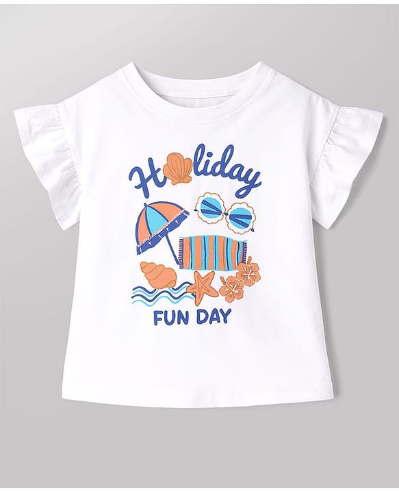 Babyhug Single Jersey Knit Half Sleeves Beach Theme Printed T-Shirt & Denim Skirts Set - White & Light Blue