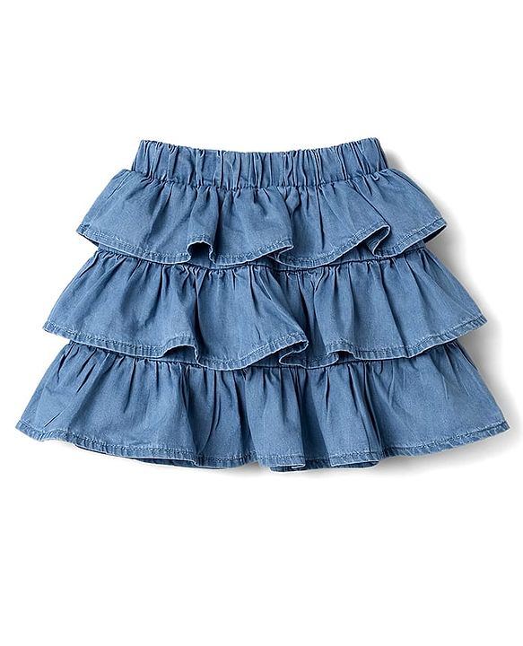 Babyhug Single Jersey Knit Half Sleeves Beach Theme Printed T-Shirt & Denim Skirts Set - White & Light Blue