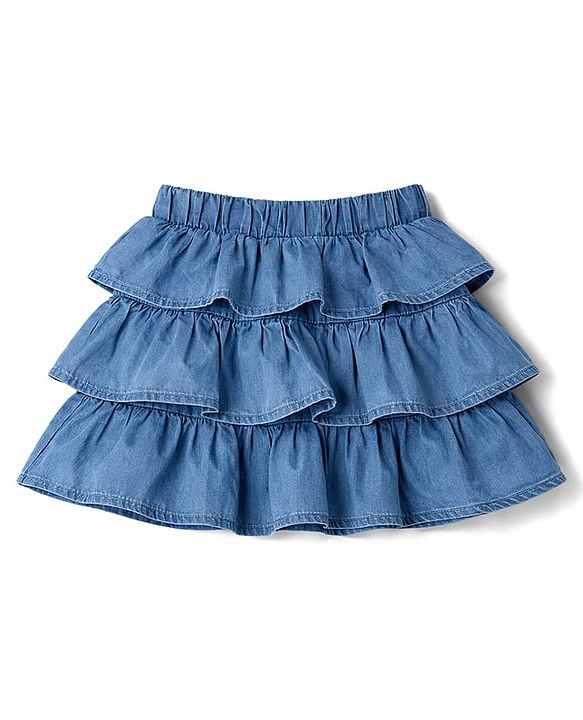 Babyhug Single Jersey Knit Half Sleeves Beach Theme Printed T-Shirt & Denim Skirts Set - White & Light Blue