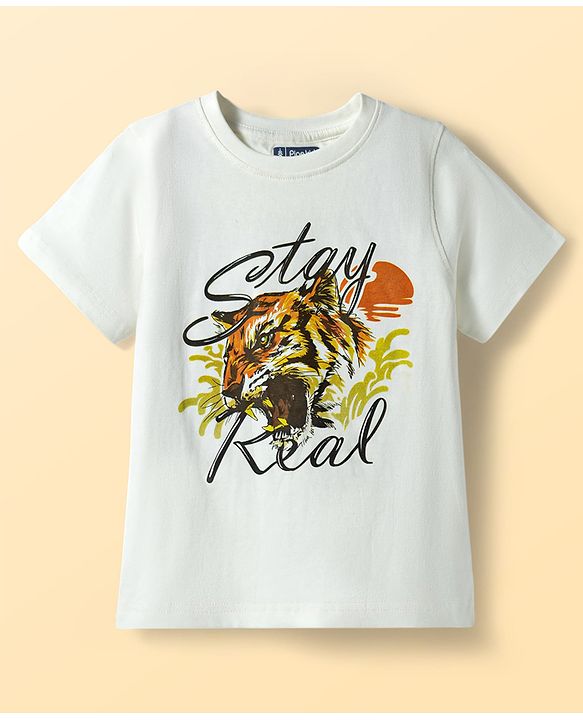 Pine Kids Cotton Knit Half Sleeves T-Shirt With Lion Graphics - White