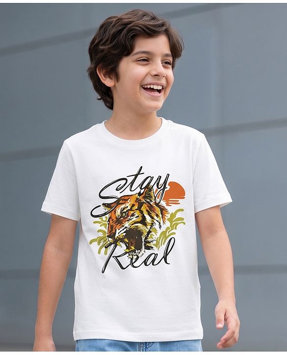 Pine Kids Cotton Knit Half Sleeves T-Shirt With Lion Graphics - White