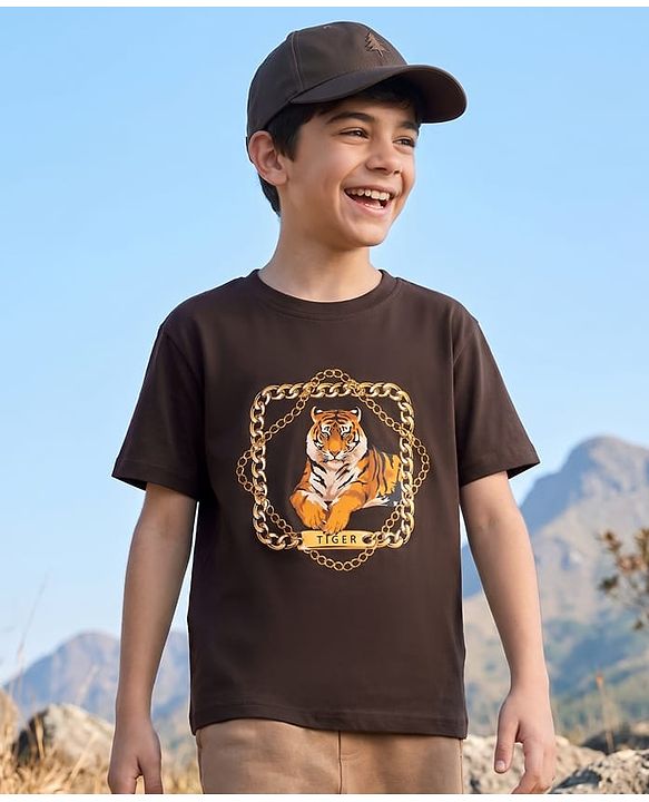 Pine Kids Cotton Knit T-Shirts with Tiger Graphic Print Brown 4-5 Years