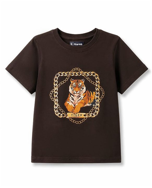 Pine Kids Cotton Knit T-Shirts with Tiger Graphic Print Brown 4-5 Years
