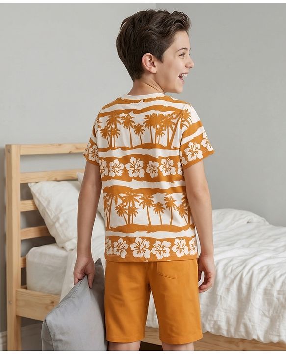 Pine Kids Cotton Knit Half Sleeves T-Shirt & Shorts Night-Suit With Floral & Tree Print - Mustard