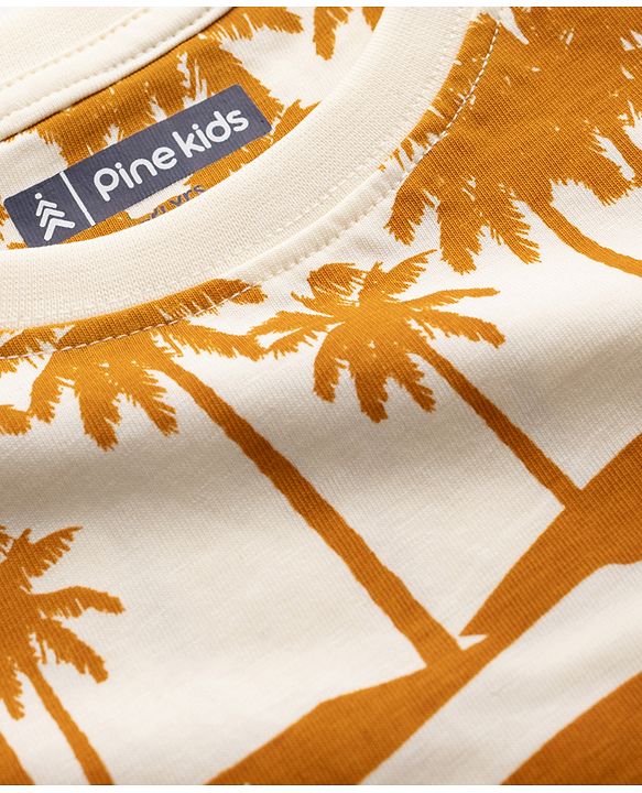 Pine Kids Cotton Knit Half Sleeves T-Shirt & Shorts Night-Suit With Floral & Tree Print - Mustard