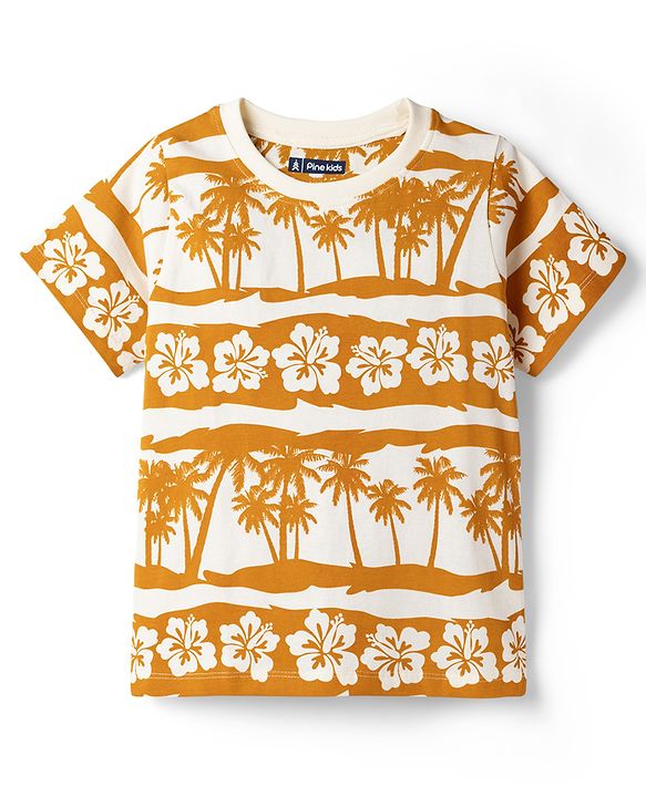 Pine Kids Cotton Knit Half Sleeves T-Shirt & Shorts Night-Suit With Floral & Tree Print - Mustard