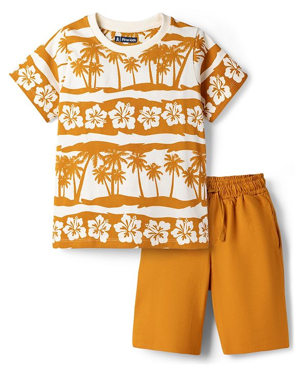 Pine Kids Cotton Knit Half Sleeves T-Shirt & Shorts Night-Suit With Floral & Tree Print - Mustard