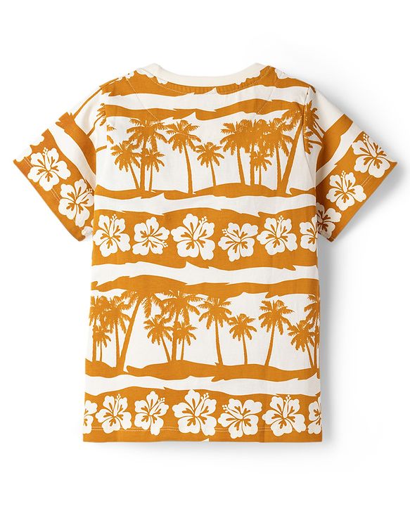Pine Kids Cotton Knit Half Sleeves T-Shirt & Shorts Night-Suit With Floral & Tree Print - Mustard