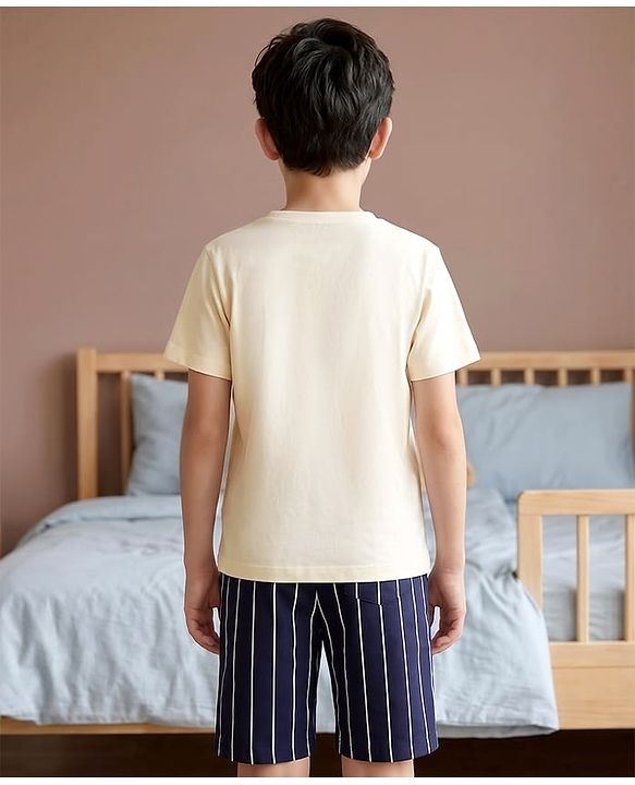 Pine Kids Cotton Knit Half Sleeves T-Shirt & Shorts Night-Suit With Baseball Print - Offwhite