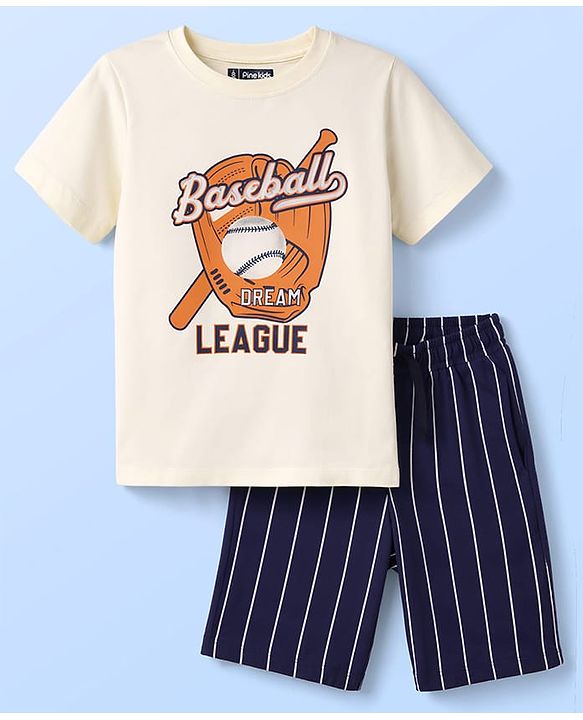 Pine Kids Cotton Knit Half Sleeves T-Shirt & Shorts Night-Suit With Baseball Print - Offwhite